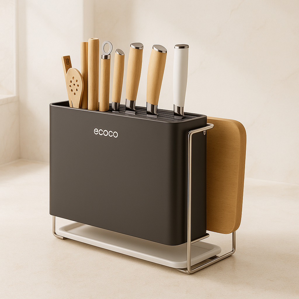 ECOCO Luxury Kitchen Knife & Utensil Holder with Cutting Board | Modern Countertop Organizer