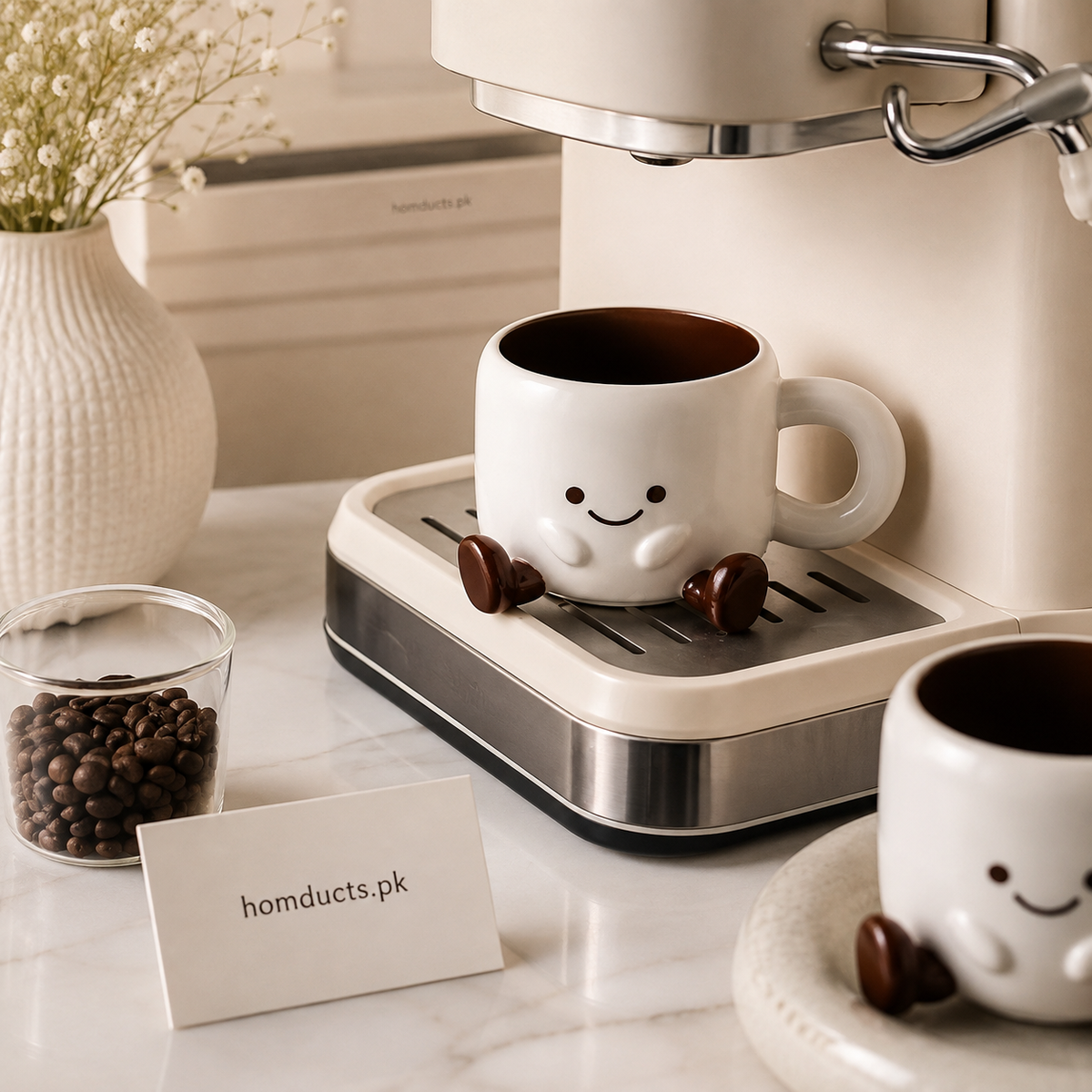 Cute Smiley Ceramic Coffee Cup with Saucer – Kawaii Tea & Coffee Mug Set