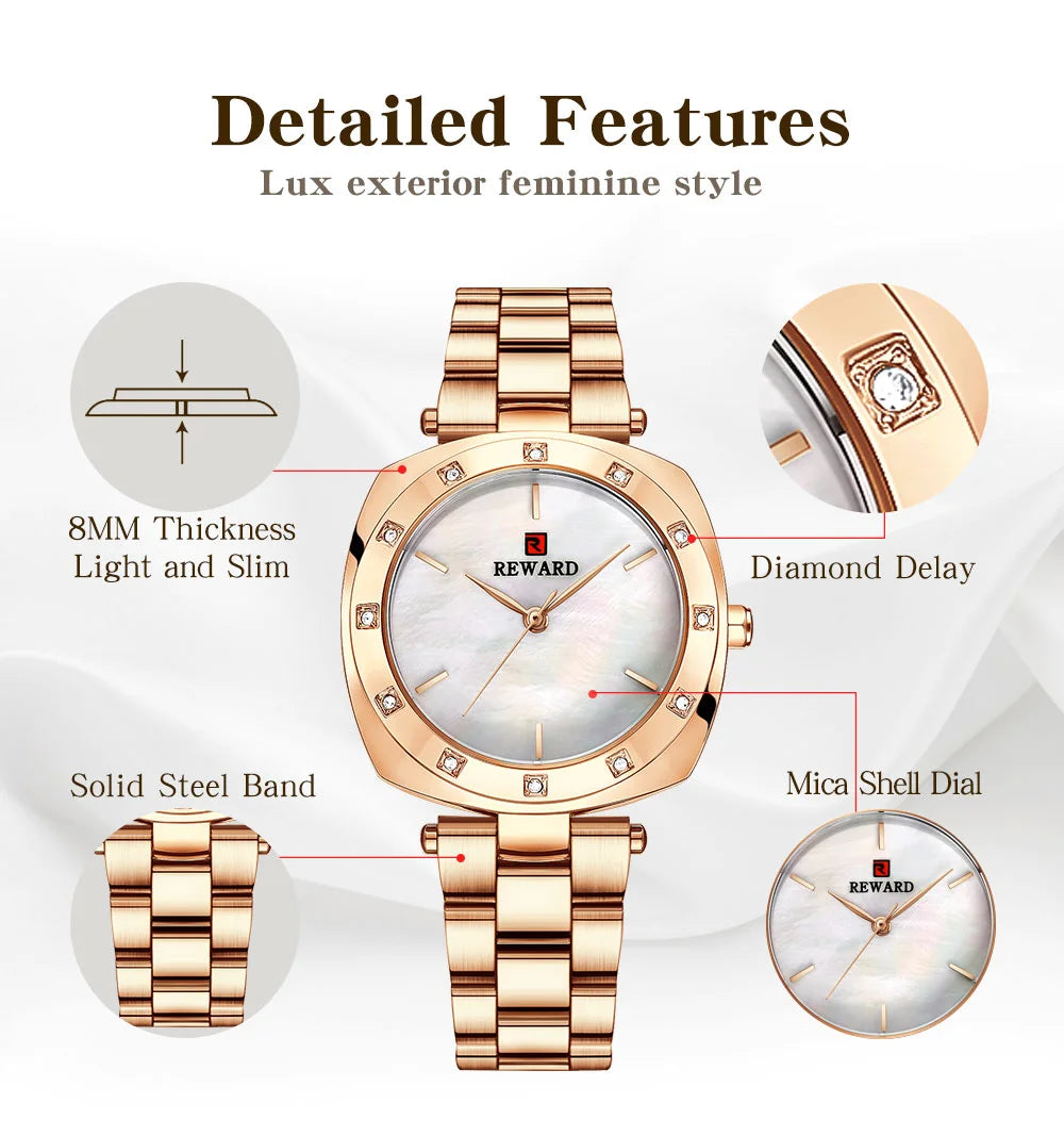 The Reward Custom OEM Japanese Quartz Movement Stylish Women Watch is the best brand for luxury fashion ladies wristwatches. With Japanese quartz movement and a sleek and elegant design, it's both accurate and stylish.