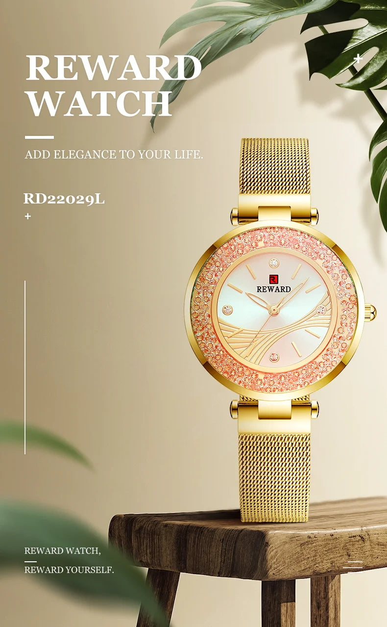REWARD Ladies Watches Brands Luxury Rhinestone Dial Lady Watch, a stunning timepiece that combines elegance and practicality. With a durable stainless steel band and precision quartz movement, this watch is both fashionable and reliable.