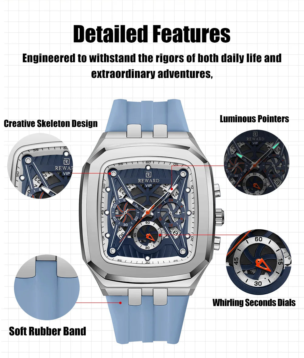 REWARD Watch Men Fashion Square Wheel Chronograph Mens Wristwatch 3bar Water Resistant Functional Sport Silicone Watch Male