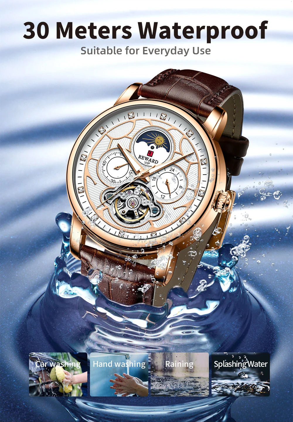 Reward Luxury men stainless steel automatic moon phase mechanical watch 2021 Custom logo casual fashion tourbillon wrist watch,RD33005M