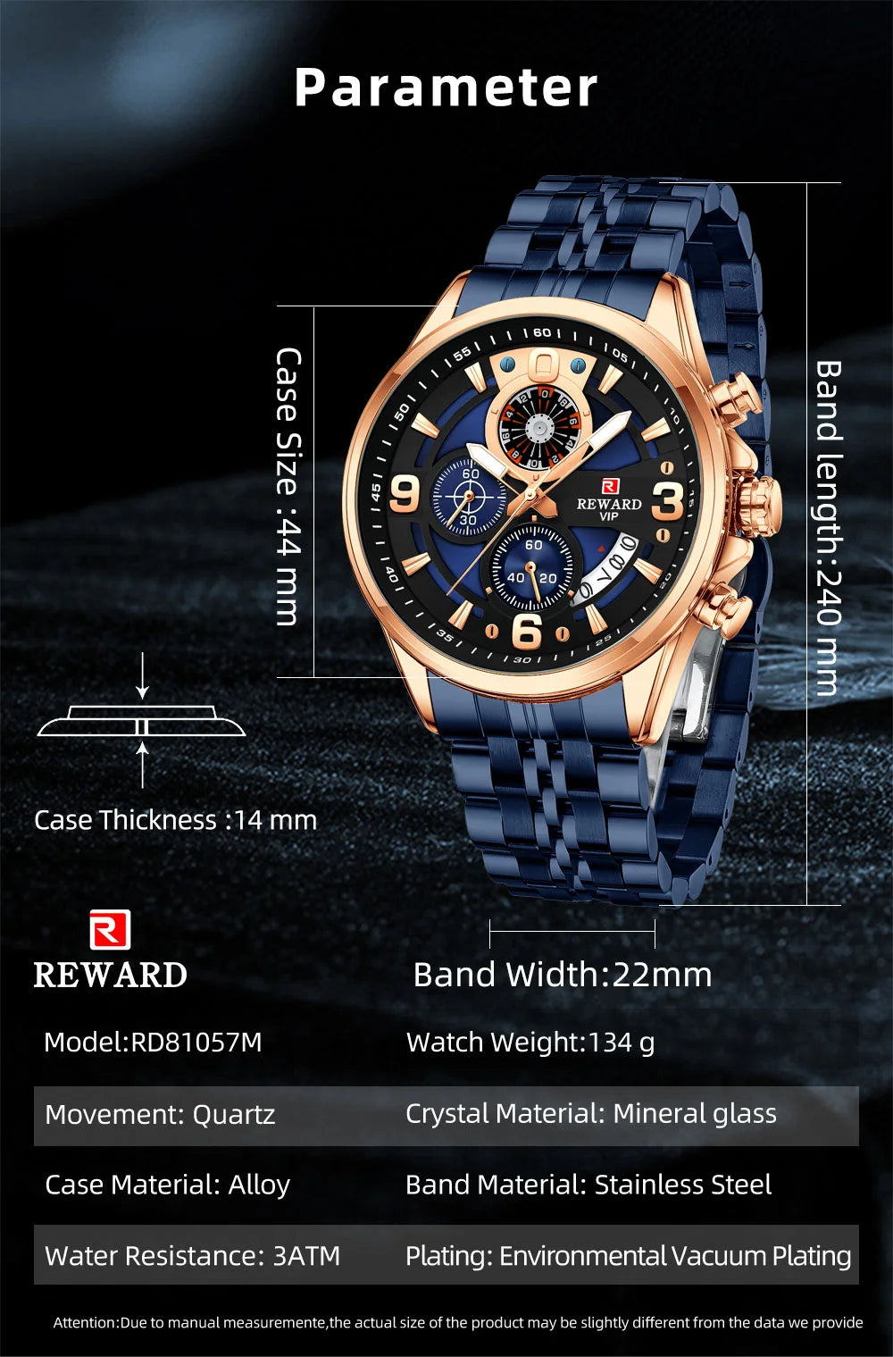Reward In Stock Sports Watch Luxury Stainless Steel Luminous Quartz Man Watch Wholesale Oem Wristwatch Reloj,Auto Date, chronograph, Complete Calendar, Day/Date, Waterproof, Luminous, Anti-magnetic,RD81057M