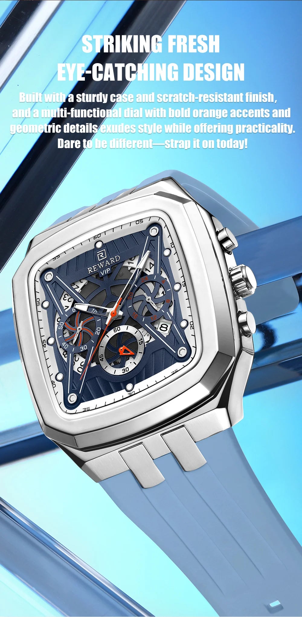 REWARD Watch Men Fashion Square Wheel Chronograph Mens Wristwatch 3bar Water Resistant Functional Sport Silicone Watch Male