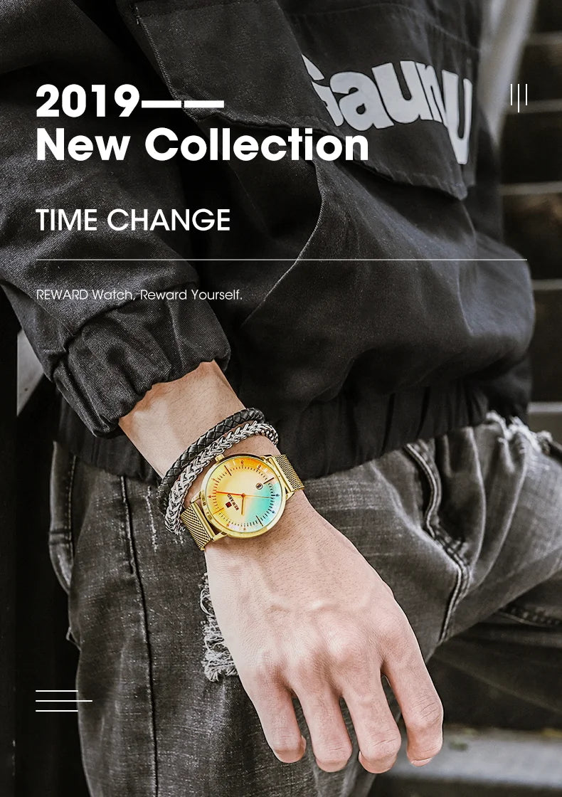 Reward Colorful Laser Changing Glass Men Watch. Featuring a vibrant, color-changing glass and a durable stainless steel strap, this watch is perfect for any sports or outdoor activities, as well as casual and formal occasions.