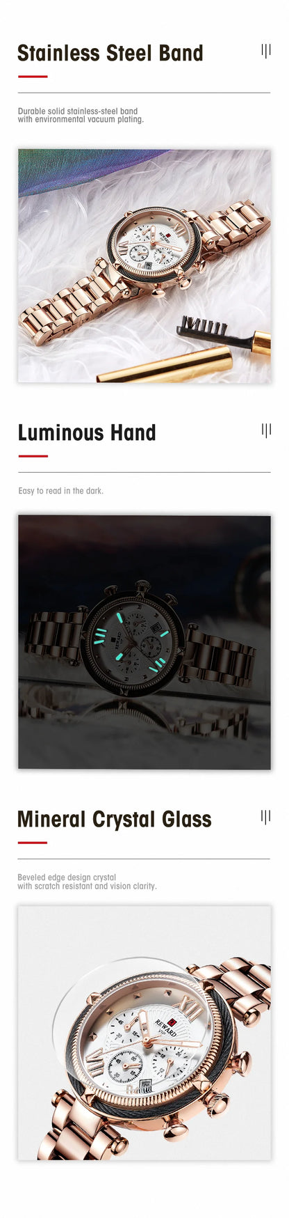 REWARD Hot Brand Luxury Women Watches Fashion Stainless Steel Band Quartz Sport Watch Luminous Ladies Wrist Watch,RD63084L