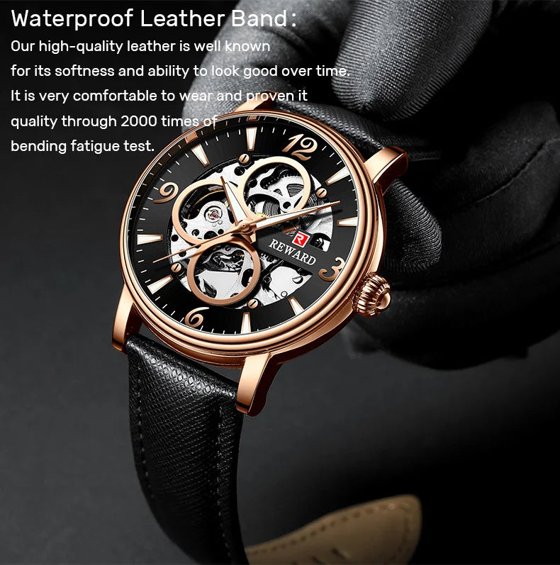 Reward Mechanical Watches Men Oem Luxury Skeleton Leather Band Mens Automatic Watch RD33001M
