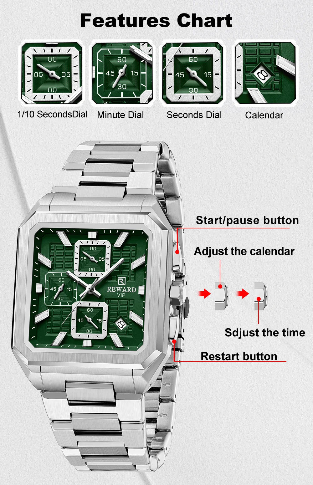 REWARD New Watch for Men High Quality Polishing Double Layered Case Square Chronograph Casual Quartz Watches Men Luxury