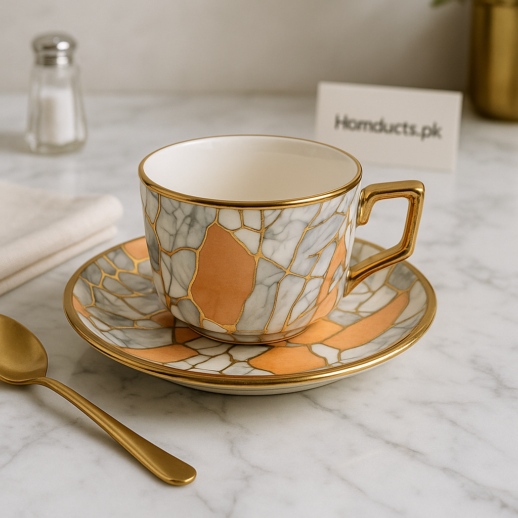 Luxury Marble Kintsugi Tea Cup & Saucer Set – 12 Pcs (6 Cups + 6 Saucers) | Gold-Trimmed Premium Ceramic | Homducts.pk