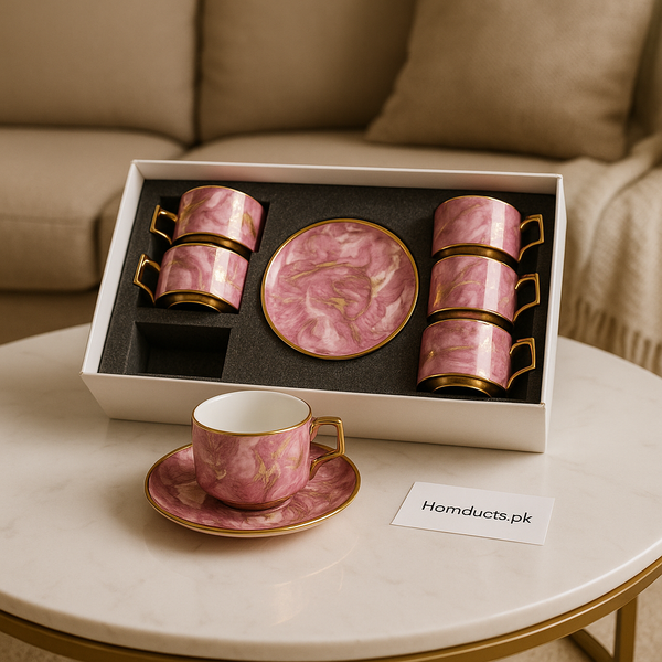 Royal Pink Marble Tea Cup & Saucer Set – 12-Piece Luxury Ceramic Set with Gold Detailing