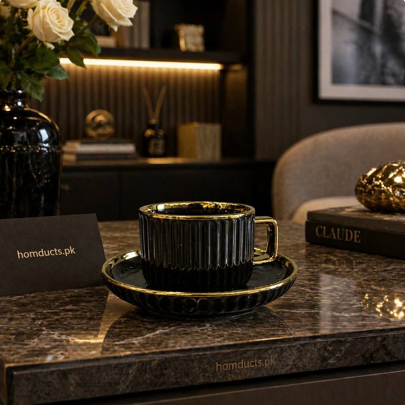 Luxury Ribbed Coffee Cup & Saucer Set – 12 Pcs Premium Tea Set (6 Cups & 6 Saucers)