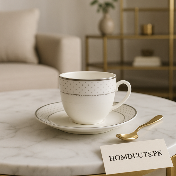 Luxury Porcelain Cup & Saucer Set – Elegant Silver Dot Design – 6 Pcs