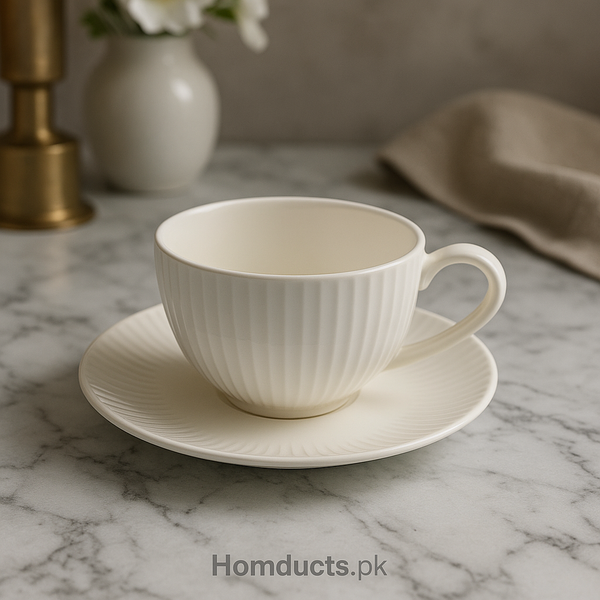 6-Piece White Porcelain Tea Cup & Saucer Set – Elegant Ribbed Design (6 Cups + 6 Saucers)