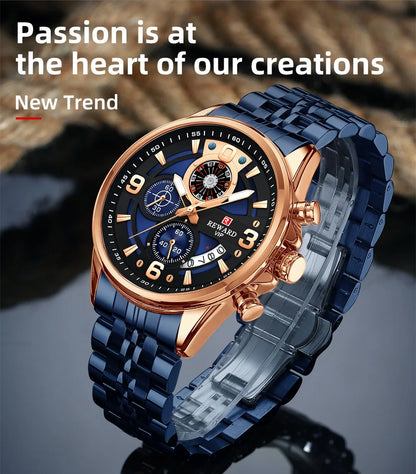 Reward In Stock Sports Watch Luxury Stainless Steel Luminous Quartz Man Watch Wholesale Oem Wristwatch Reloj,Auto Date, chronograph, Complete Calendar, Day/Date, Waterproof, Luminous, Anti-magnetic,RD81057M