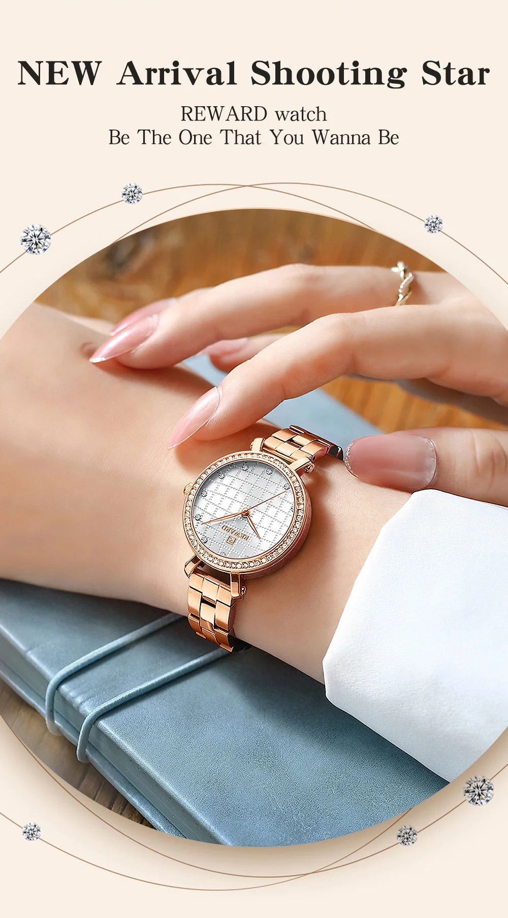 Reward 2022 New Arrival Wrist Watch Women Luxury Diamond Inlay Stainless Steel Ladies Golden Watches Wholesale Montre Acier RD21075L