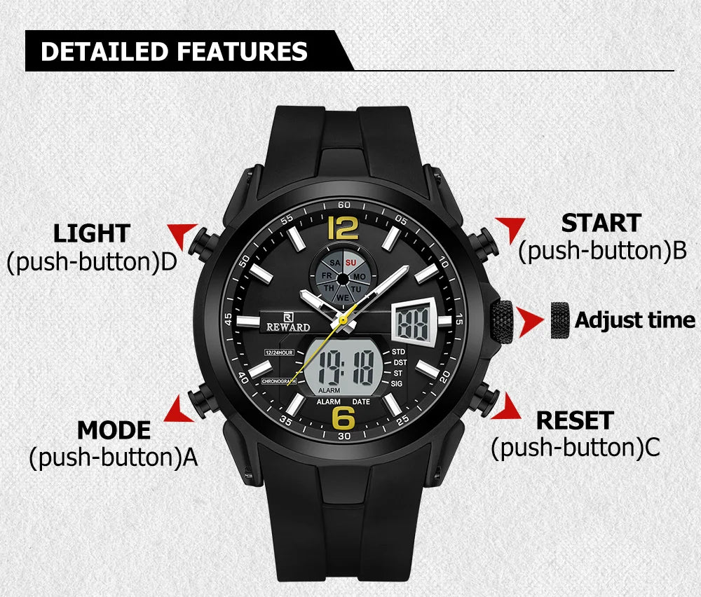 REWARD New digital watches men multi function week date running stopwatch outdoor fashion silicone quartz digital watch