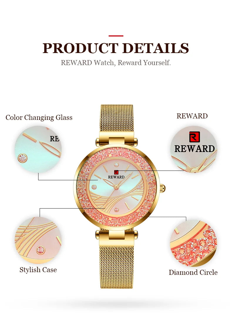 REWARD Ladies Watches Brands Luxury Rhinestone Dial Lady Watch, a stunning timepiece that combines elegance and practicality. With a durable stainless steel band and precision quartz movement, this watch is both fashionable and reliable.