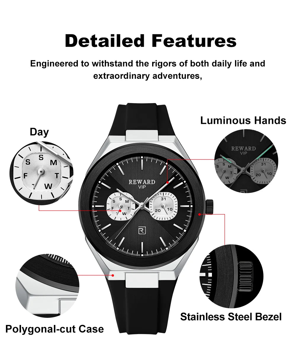 New Model REWARD Men's Watch Luxury Chronograph Business Wristwatch Solid Stainless Steel Band High Quality Watch