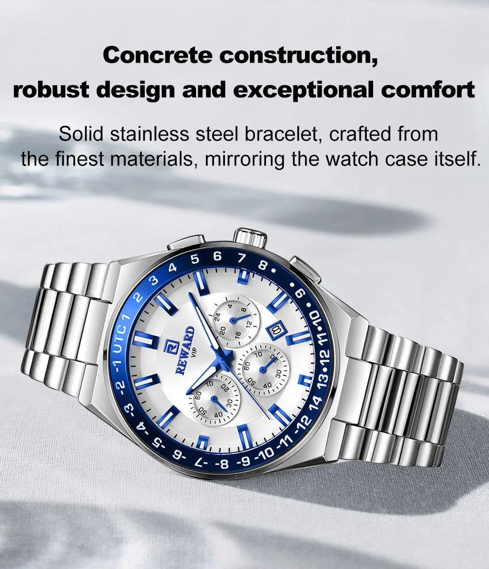 REWARD Men's Watch Luxury Chronograph Business Wristwatch Solid Stainless Steel Band High Quality Watch for Men