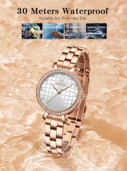 Reward 2022 New Arrival Wrist Watch Women Luxury Diamond Inlay Stainless Steel Ladies Golden Watches Wholesale Montre Acier RD21075L