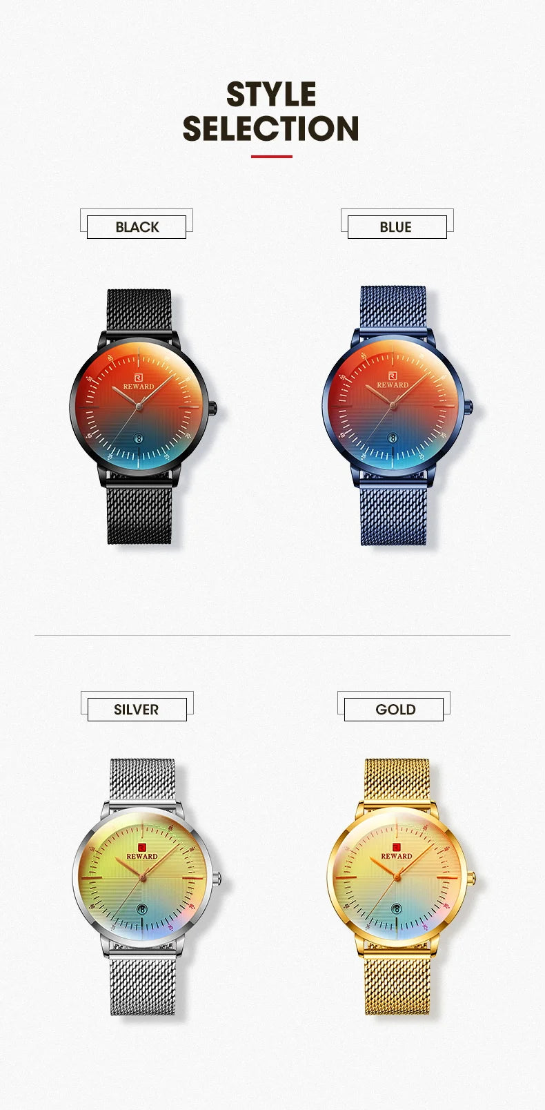 Reward Colorful Laser Changing Glass Men Watch. Featuring a vibrant, color-changing glass and a durable stainless steel strap, this watch is perfect for any sports or outdoor activities, as well as casual and formal occasions.