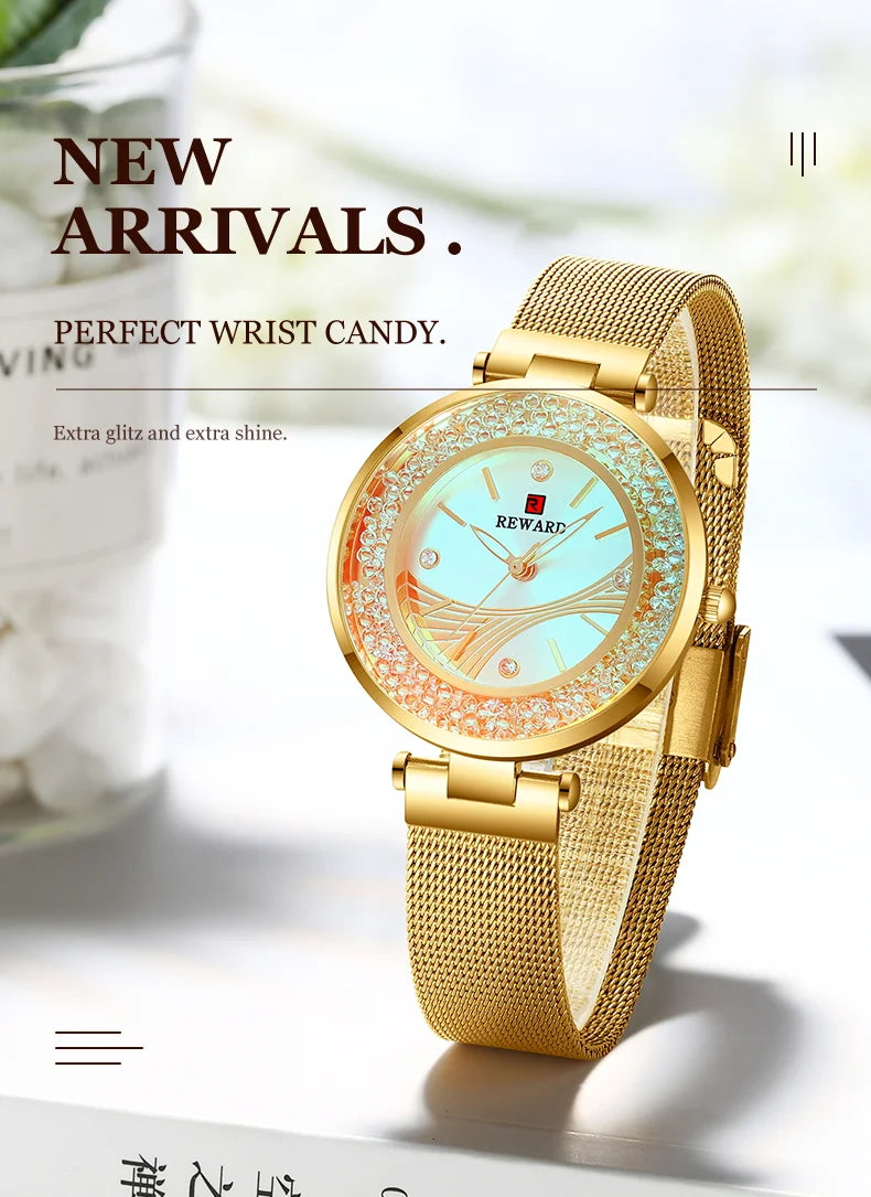 REWARD Ladies Watches Brands Luxury Rhinestone Dial Lady Watch, a stunning timepiece that combines elegance and practicality. With a durable stainless steel band and precision quartz movement, this watch is both fashionable and reliable.