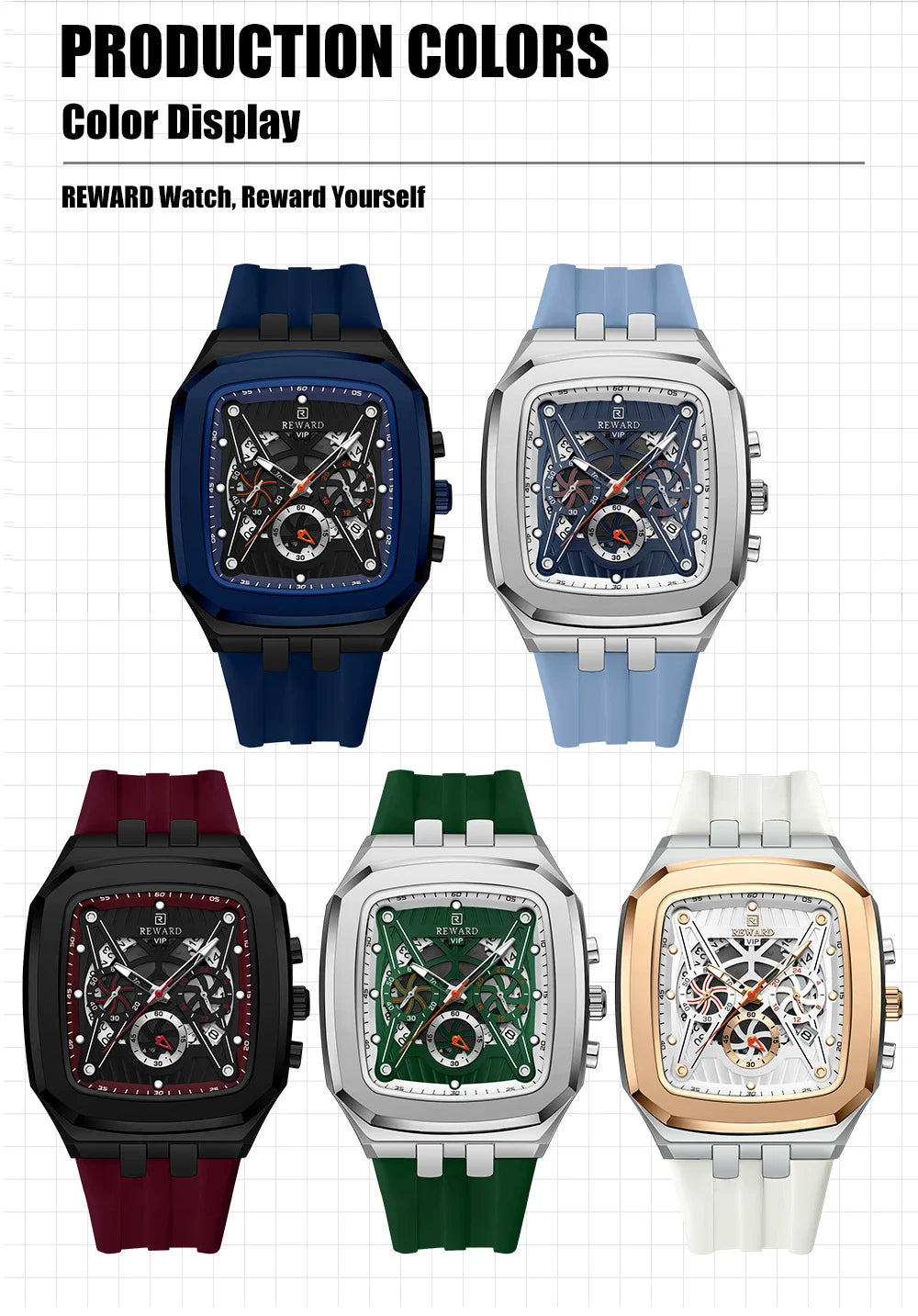 REWARD Watch Men Fashion Square Wheel Chronograph Mens Wristwatch 3bar Water Resistant Functional Sport Silicone Watch Male
