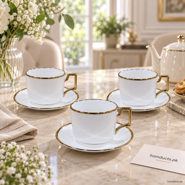Modern Gold-Rim Square Handle Cup & Saucer Set – 6 Pieces