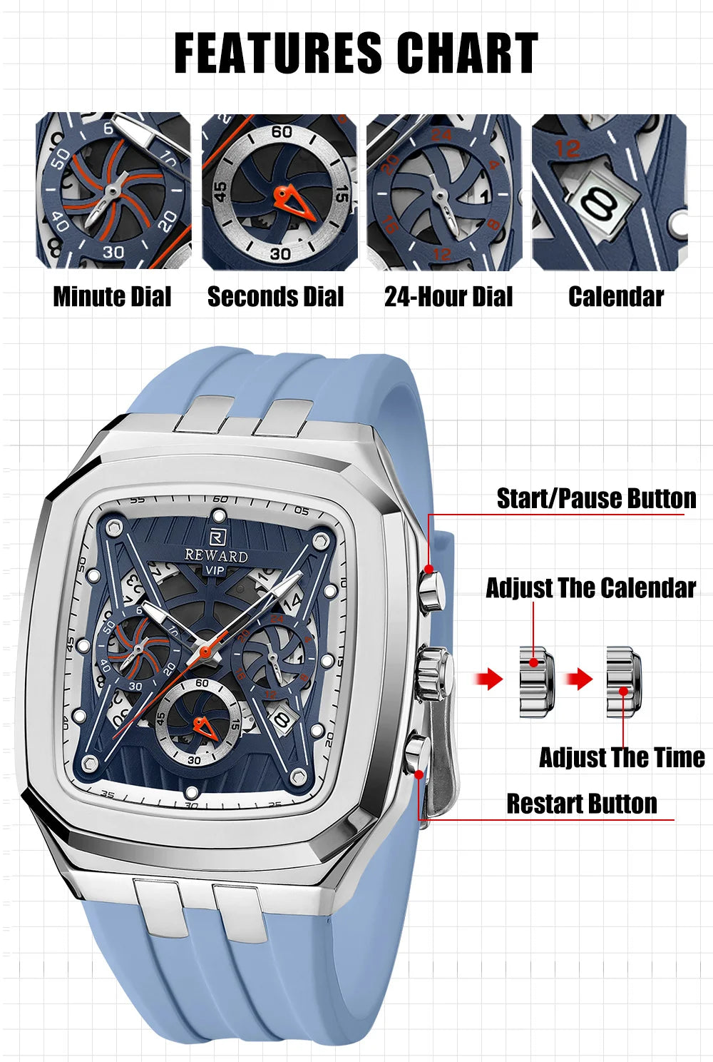 REWARD Watch Men Fashion Square Wheel Chronograph Mens Wristwatch 3bar Water Resistant Functional Sport Silicone Watch Male