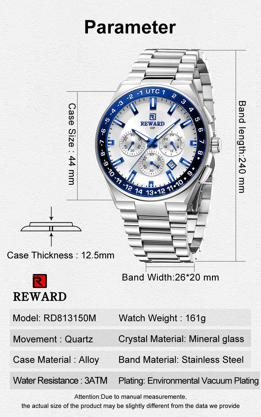 REWARD Men's Watch Luxury Chronograph Business Wristwatch Solid Stainless Steel Band High Quality Watch for Men
