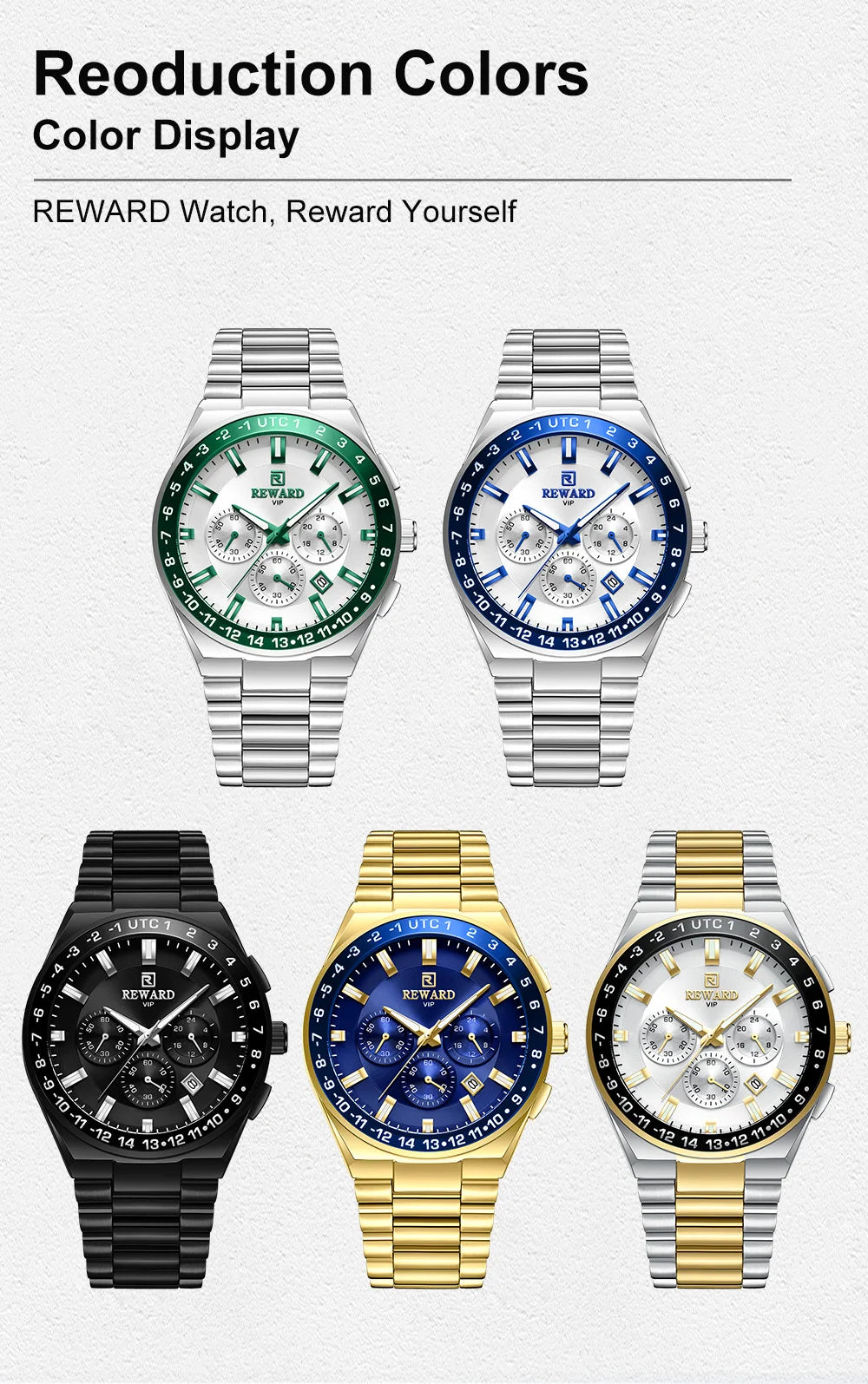 REWARD Men's Watch Luxury Chronograph Business Wristwatch Solid Stainless Steel Band High Quality Watch for Men