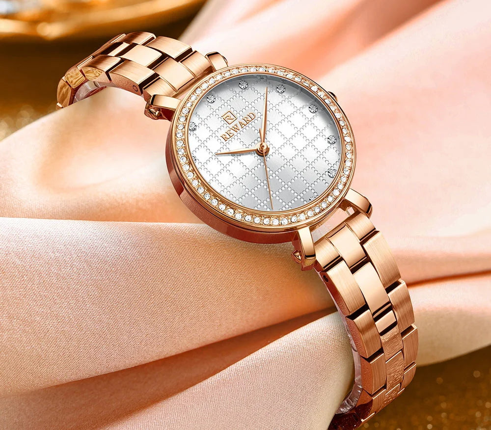 Reward 2022 New Arrival Wrist Watch Women Luxury Diamond Inlay Stainless Steel Ladies Golden Watches Wholesale Montre Acier RD21075L