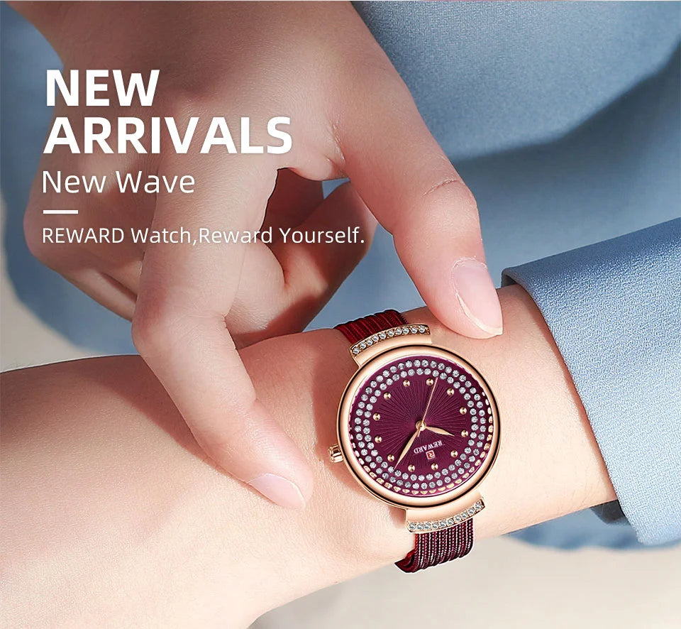 Upgrade your style with our Reward women's luxury watch RD22018L. This glitzy timepiece features a diamond-shaped shiny case and stainless strap with diamond accents, making it the perfect gift.