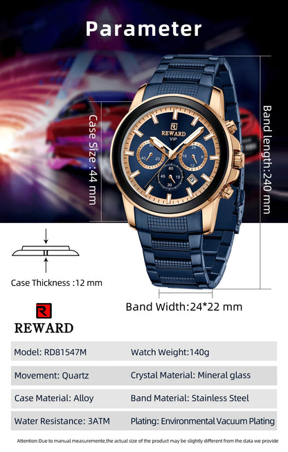 Reward Luxury Three-Eyes Classic Chronograph Quartz Watch Men REWARD Fashion Business Relogio Masculino Elegant