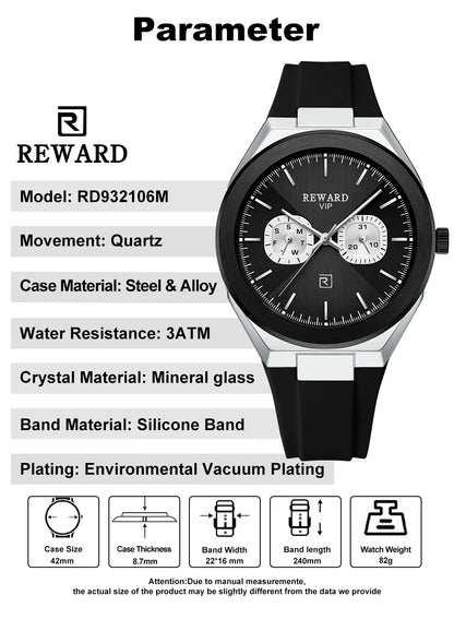 New Model REWARD Men's Watch Luxury Chronograph Business Wristwatch Solid Stainless Steel Band High Quality Watch