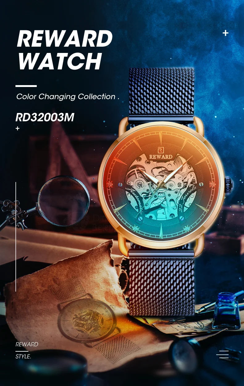 Reward Magic glass quality men stainless steel watches luxury functional automatic oem mechanical watches,RD32002M