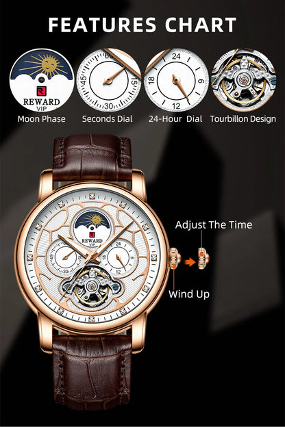 Reward Luxury men stainless steel automatic moon phase mechanical watch 2021 Custom logo casual fashion tourbillon wrist watch,RD33005M
