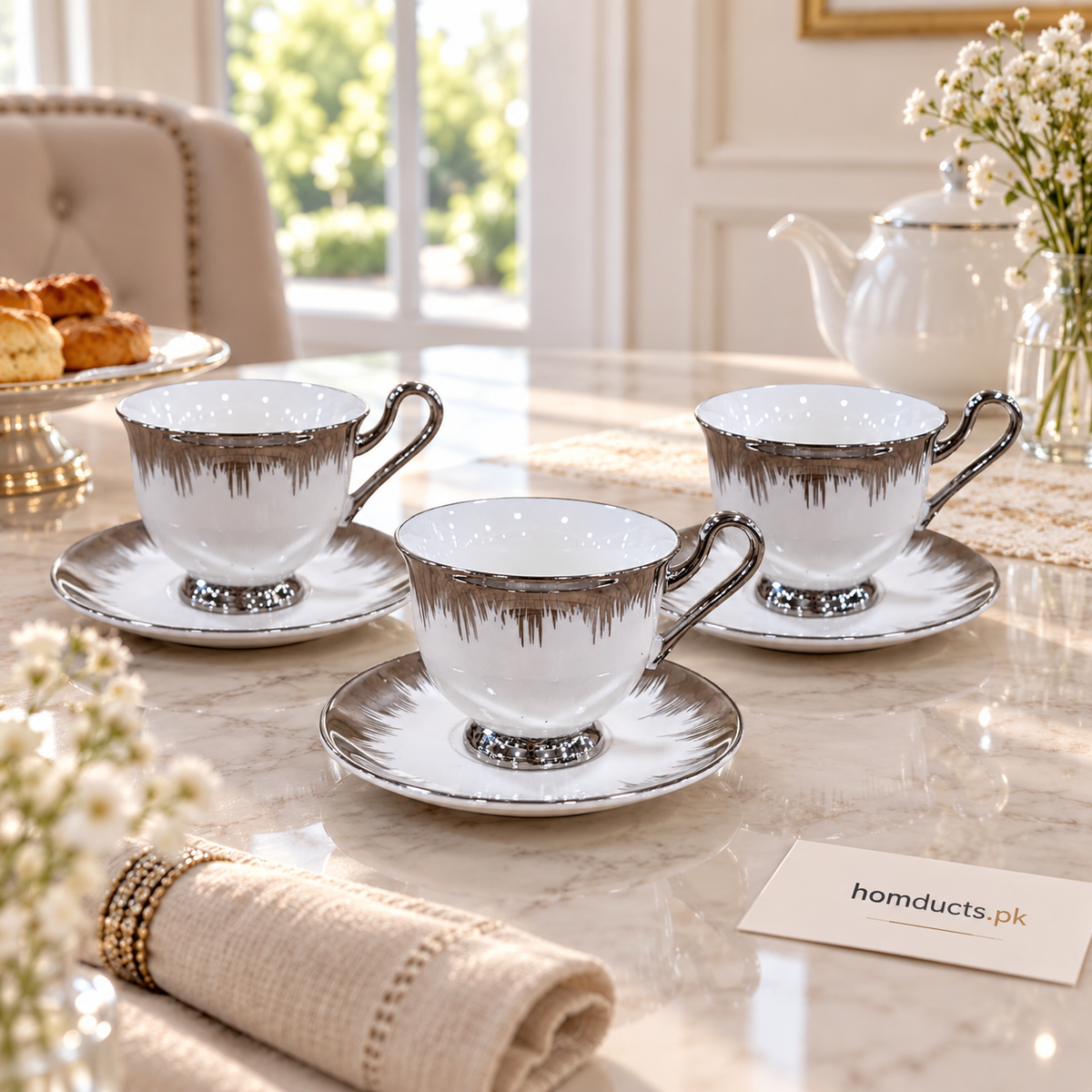Luxury Silver Drip Curved Cup & Saucer Set – 6 Pieces