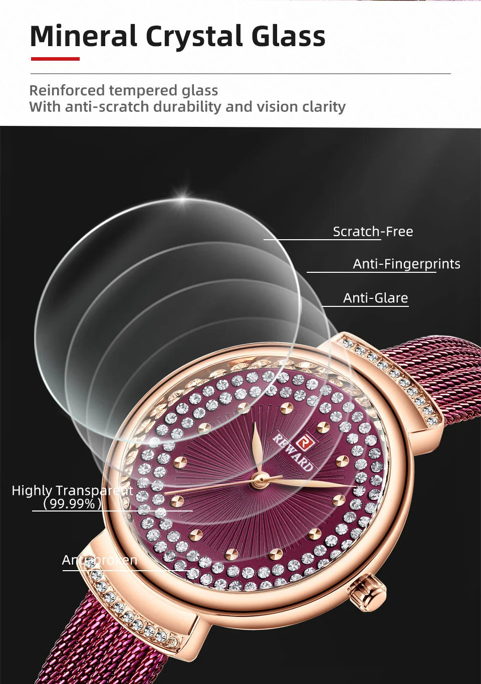 Upgrade your style with our Reward women's luxury watch RD22018L. This glitzy timepiece features a diamond-shaped shiny case and stainless strap with diamond accents, making it the perfect gift.