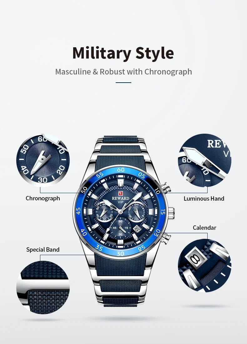 REWARD watches men wrist sport waterproof Luxury brand Silicone Band Quartz Wristwatch Male Watches Fashion Watch Man