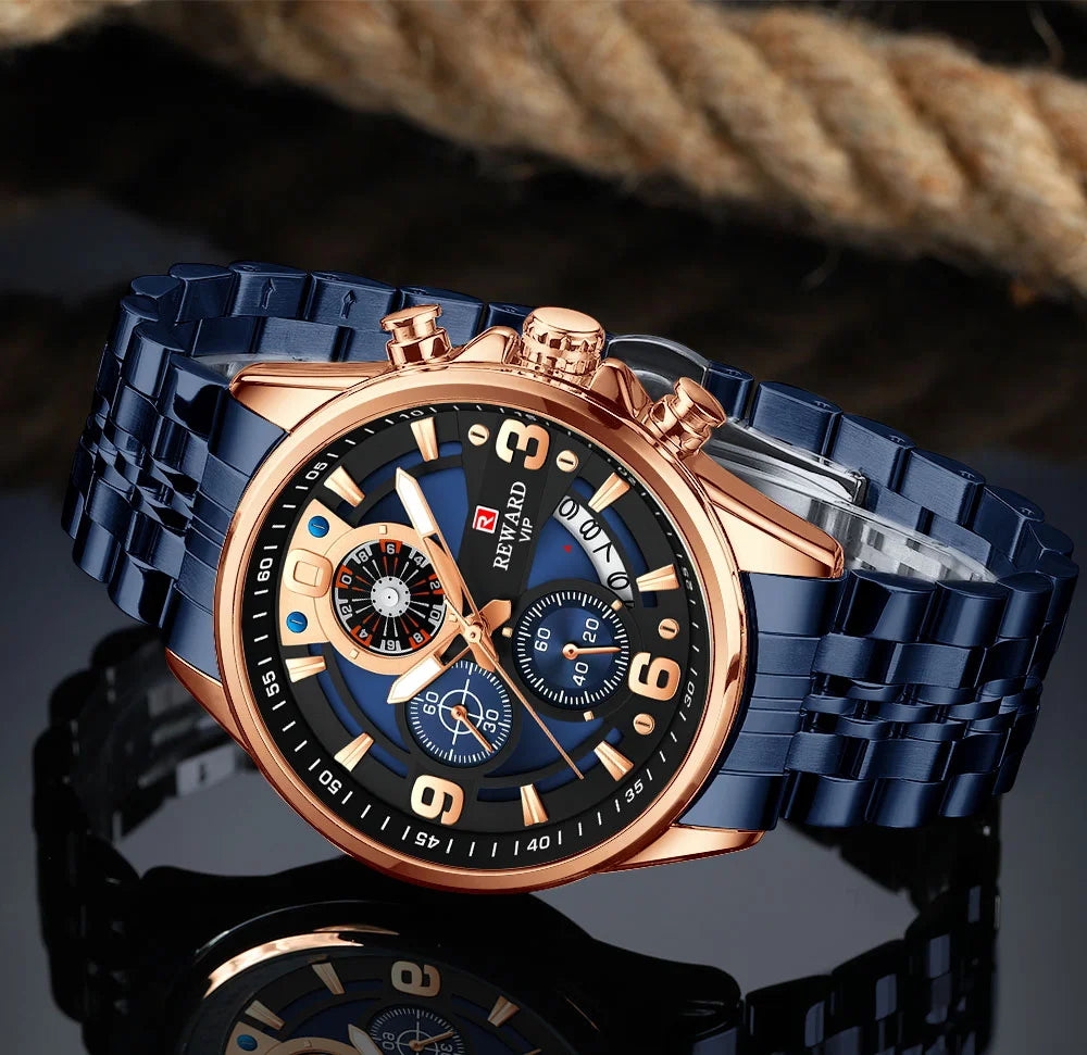 Reward In Stock Sports Watch Luxury Stainless Steel Luminous Quartz Man Watch Wholesale Oem Wristwatch Reloj,Auto Date, chronograph, Complete Calendar, Day/Date, Waterproof, Luminous, Anti-magnetic,RD81057M